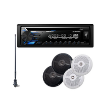 Aussie Traveler Single DIN Audio Head Unit with 4 Pk 6.5" Speakers and Slimline Antenna Bundle